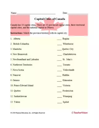 Capital Cities of Canada Worksheet - TeacherVision